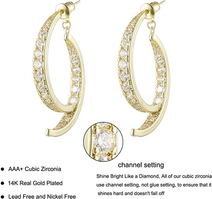El Regalo Women's & Girl's Cross Curved Earrings, Curved Stick Front Back Linear Drop Hypoallergenic Earrings (Mesh Golden)