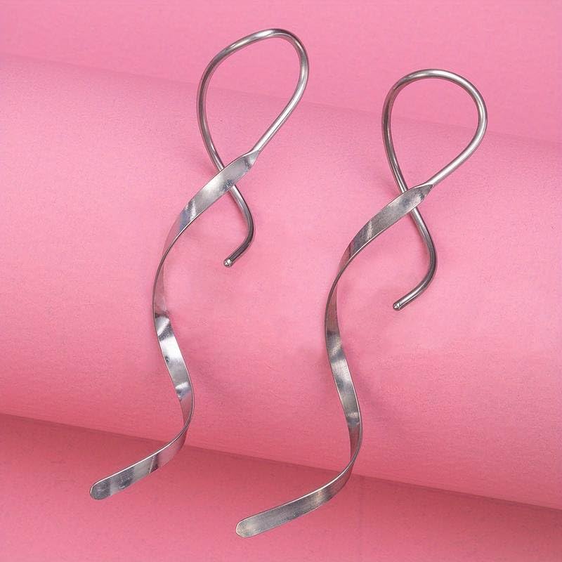 El Regalo Western Spiral Twisted Threader Earrings for Girls & Women- Stainless Steel/Anti-Tarnish Drop Dangle Handmade Twisted Linear Curved Minimal Everyday Earrings (Silver)