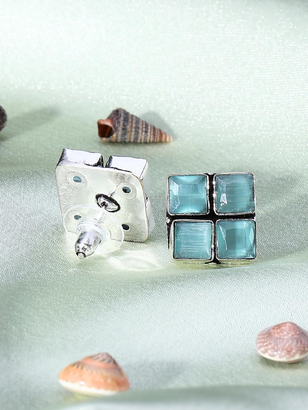El Regalo 925 Silver Plated Oxidized Stud Earrings with Monalisha Stones - Square Bohemian Stud Earrings for Women - Tribal Antique Replica Earrings (Bottle Green)