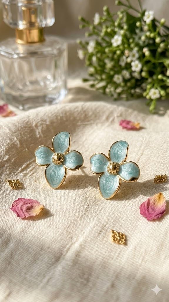 El Regalo Luxurious Oil Drip Flower Stud Earrings for Women & Girls | Stainless Steel Floral Studs | Anti-Tarnish, Skin Friendly Enamel Jewelry | Gift for Her (Floral Collection) (Teel Green - Gold)