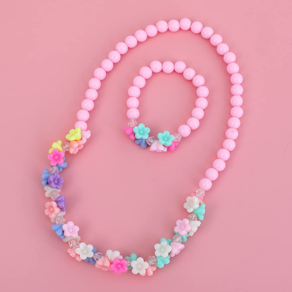 El Regalo 2 PCs Kids Girls Colorful Jewelry Sets - Kids Candy Color Beads Necklace & Bracelets Jewelry Sets for kids Girls & Toddlers (Multi Flower Pink Set)