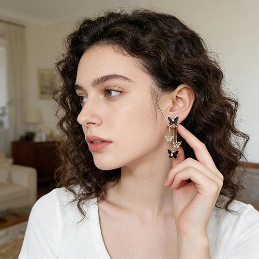 El Regalo Cute 3D Crystal Butterfly Tassel Earrings for Women & Girls | 18K Gold Plated Long Hanging Drop Linear Earrings | Elegant Korean Aesthetic Western Party Jewelry (Black)