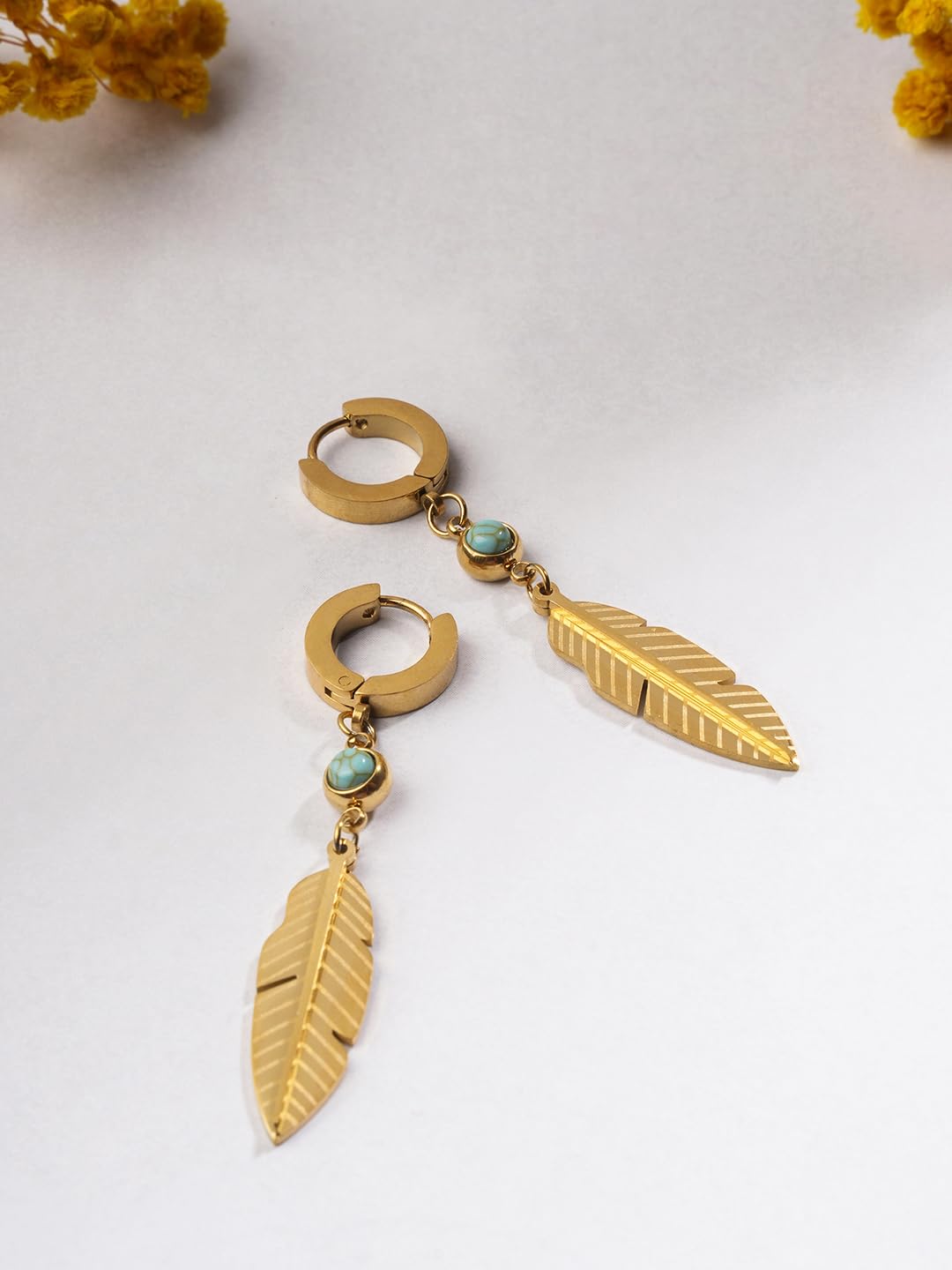 El Regalo Elegant Stainless Steel Leaf/Feather Hoop Turquoise Stone Earrings- Anti Tarnish, Waterproof Statement Leaf Hoops for Modern Women