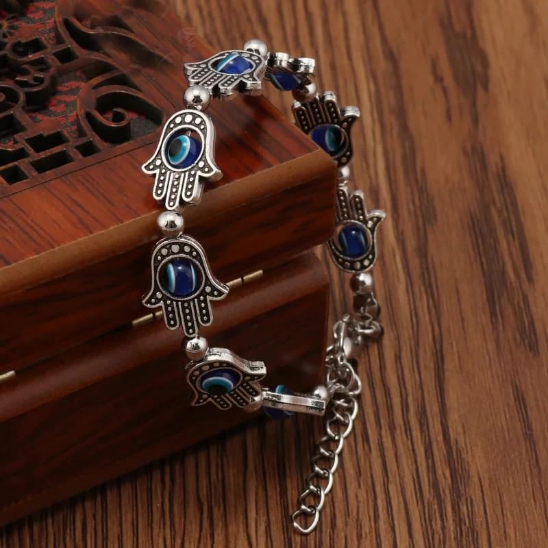 El Regalo Evil Eye Hamsa Hand Turquoise Green Beads Bracelet for Girls & Women- Antique Finish Hamsa Hand Sleek Bracelet (Blue Evil Eye Beads)