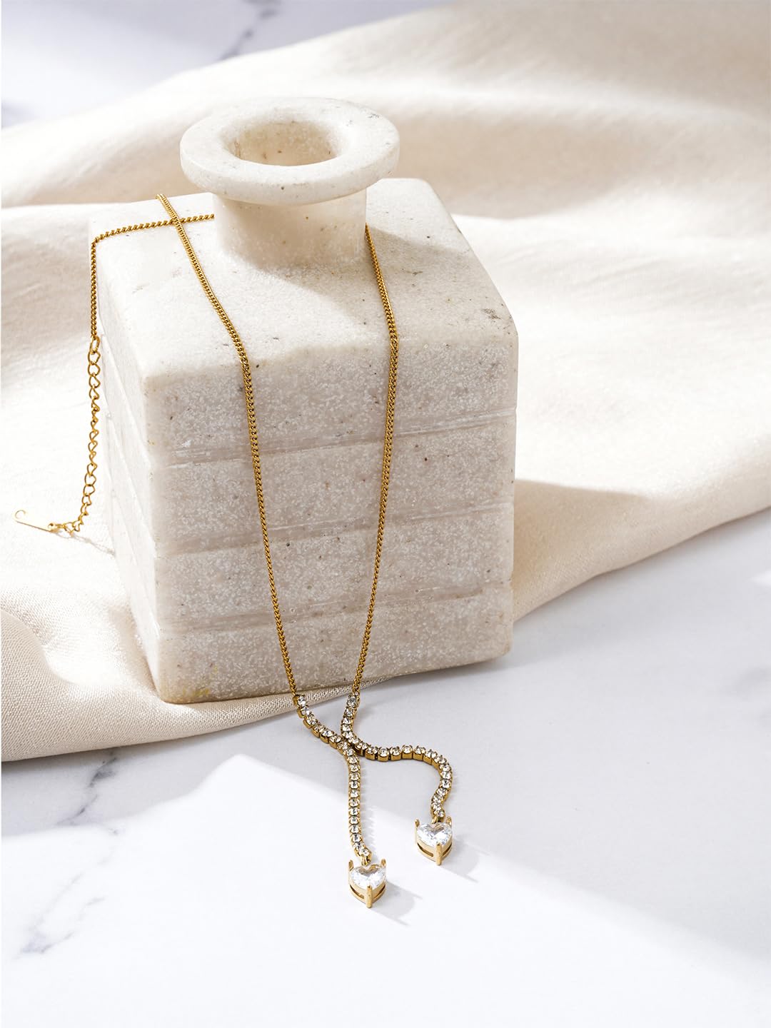 El Regalo Heart Zircon Pendant Necklace for Women- Stainless Steel, 18K Gold Plated CZ Tennis Y Tassel Necklace (White)