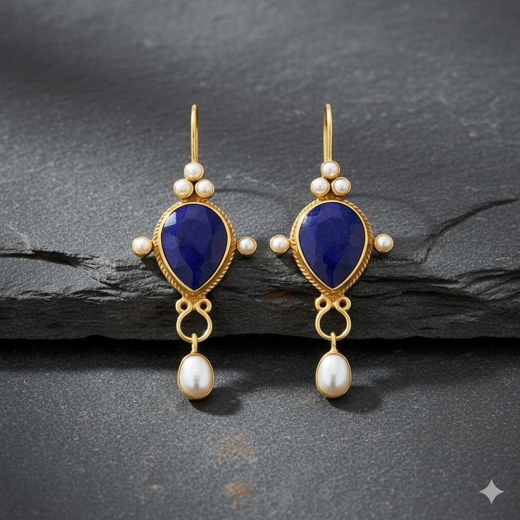 El Regalo Beautiful Traditional Drop Earrings with Pearls for Women & Girls - Elegant Gold Plated Hook Earrings (Blue Sapphire)