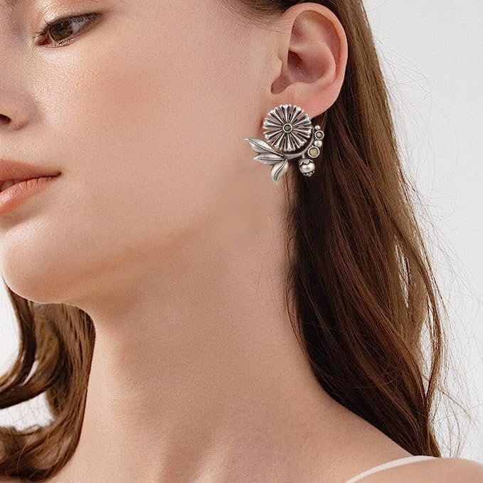 El Regalo Oxidized Brass Earrings for Women - Silver Lookalike/Silver Replica Floral Leaves Stones Statement earrings for Girls & Women- Handmade Earrings (Yellow)
