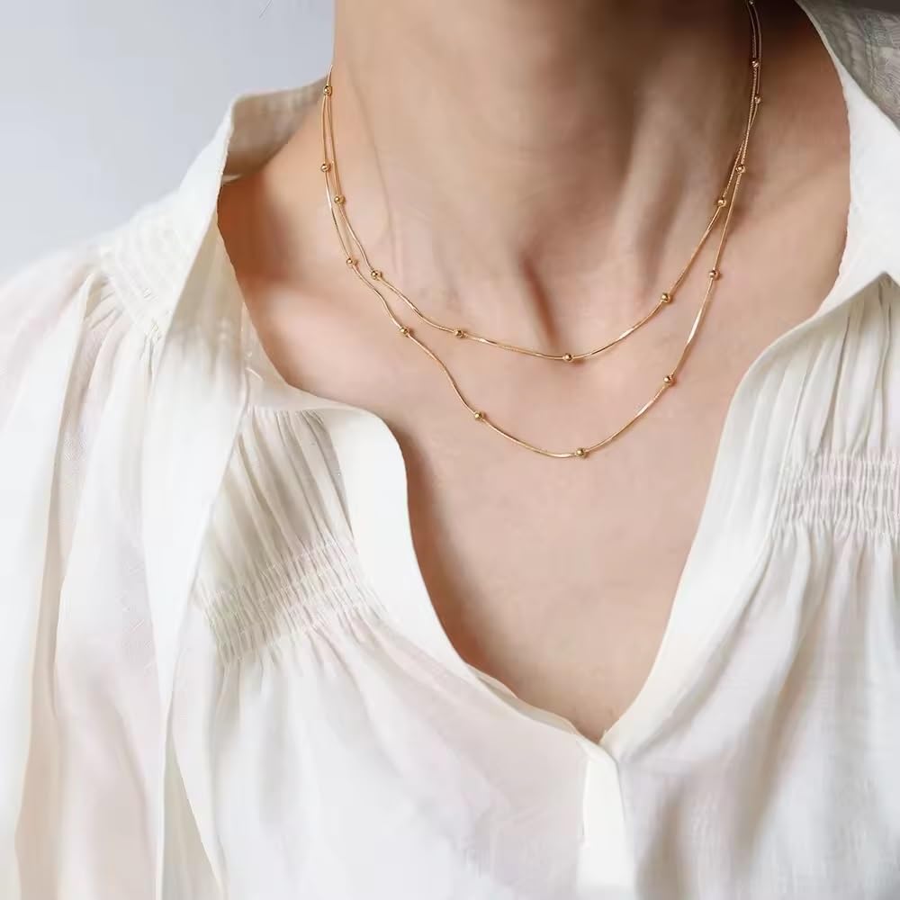 El Regalo Stainless Steel Double Layers Satellite Beads Chain Necklace- Anti Tarnish, Waterproof Golden Beads Station Chain Necklace for Women Girls