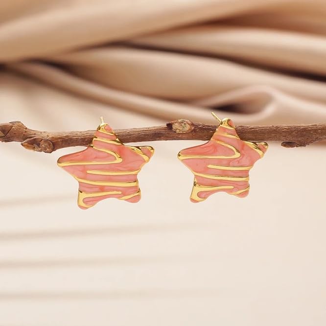 El Regalo Stainless Steel Star Stud Earrings for Girls & Women | Anti-Tarnish Gold Plated Cute Star Shape Enamel Contenporary Fashion Studs Earrings (Peachy Pink)