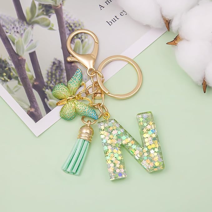 El Regalo Personalized Name Initials Butterfly Charm Keychain - Name Letters Keyring with Green Butterfly & Stars Filled Resin & Tassel Pendant, Purse, Bag, Backpack Accessory (Letter N)