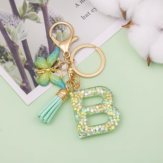 El Regalo Personalized Name Initials Butterfly Charm Keychain - Name Letters Keyring with Green Butterfly & Stars Filled Resin & Tassel Pendant, Purse, Bag, Backpack Accessory (Letter B)