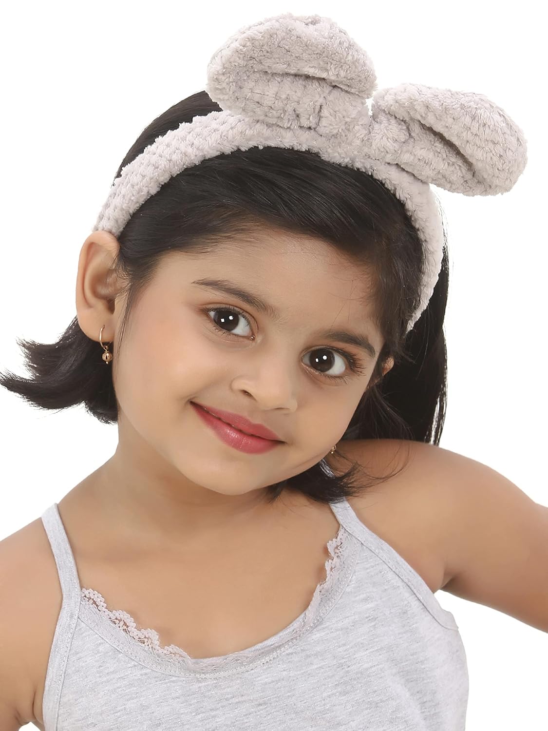 El Regalo 2 Cute Plush Fluffy Bow Hairbands | Bunny Ear Bow Headband/Hair Accessories for Girls (Off White & Gray)