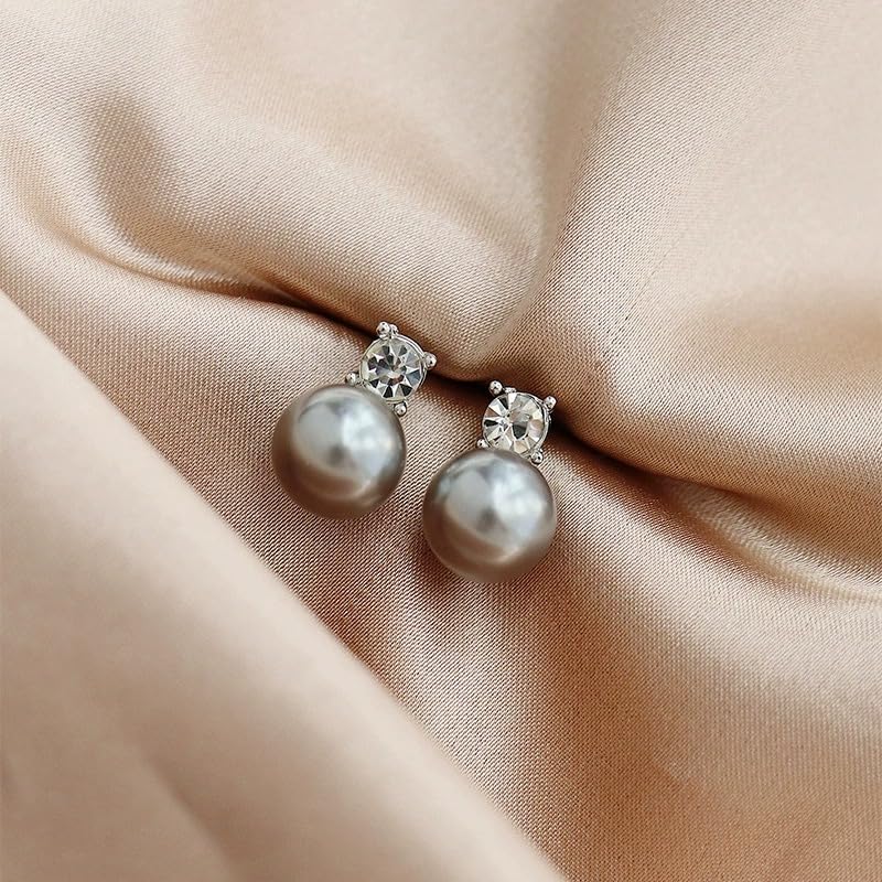 El Regalo CZ Pearl Clip-On Earrings for Women & Girls | Non-Pierced Earrings with CZ Sparkle | Elegant Clip On Pearl Earrings for Weddings, Parties & Casual Wear (Grey)