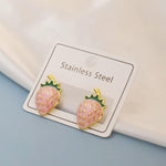 El Regalo 1Pair Stainless Steel Anti-Tarnish Pink Enamel Earrings for Girls & Women | Trendy & Cute Leaf, Bow, Ribbon, Strawberry & Butterfly Stud Earrings (Strawberry Stud)