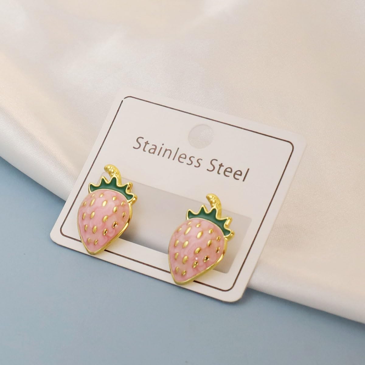 El Regalo 1Pair Stainless Steel Anti-Tarnish Pink Enamel Earrings for Girls & Women | Trendy & Cute Leaf, Bow, Ribbon, Strawberry & Butterfly Stud Earrings (Strawberry Stud)