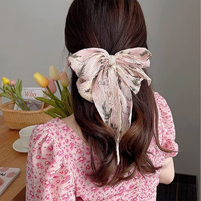 El Regalo Big Bow Floral Hair Clip- Long Ribbon Streamer Super Fairy Fashion Hair Accessories Head Hairpin Headdress Hair accessories for Girls/Women (Beige Shade)