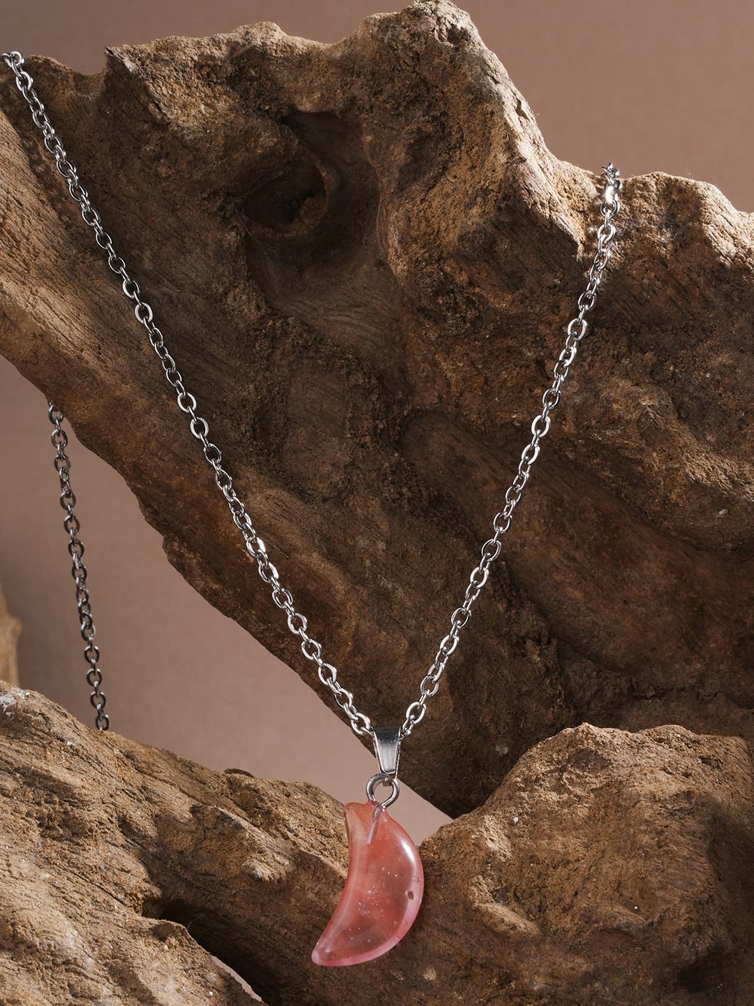 El Regalo Beautiful Agate Crescent Moon Pendant Necklace with Stainless Steel Chain for Girls & Women (Peachy Pink Moon)