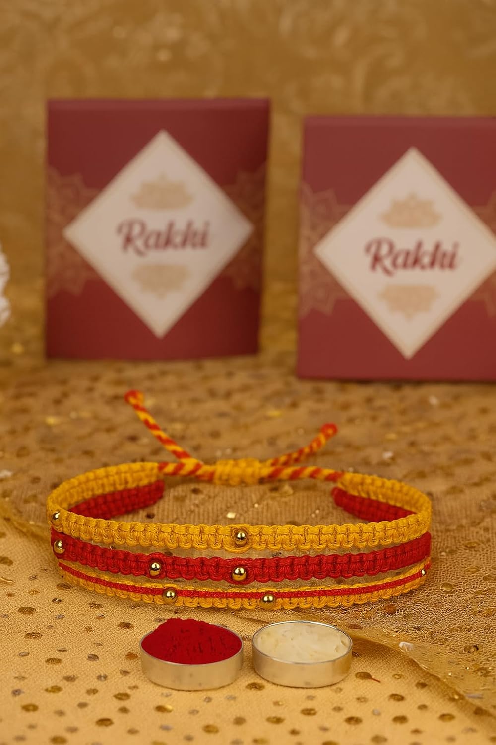 El Regalo Handmade 3-Layered Mauli Thread Rakhi for Brother with OM Charm - Traditional Bracelet with Roli Chawal, Message Card & Rakshabandhan Box (Mauli Rakhi)