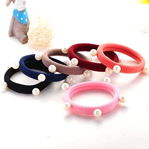 El Regalo Imitation Pearls Elastic Rubber Band Ties Ponytail Holder Scrunchy (Combo Set of 6) | Fancy Rubber Bands for Girls & Women | Fancy Rubber Bands for Hairs (Mixed Dark Colors)