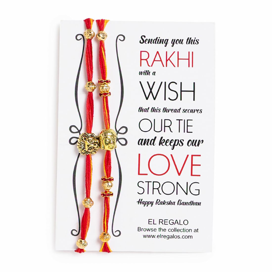 El Regalo 2PCs Red & Yellow Moli Thread Rakhi Combo Set for Brother- Auspicious OM, Ganesha, Satiya, Lion etc. Mauli Rakhi with Roli Chawal Shagun, Message Card in Rakhi Gift Box (Option-3)