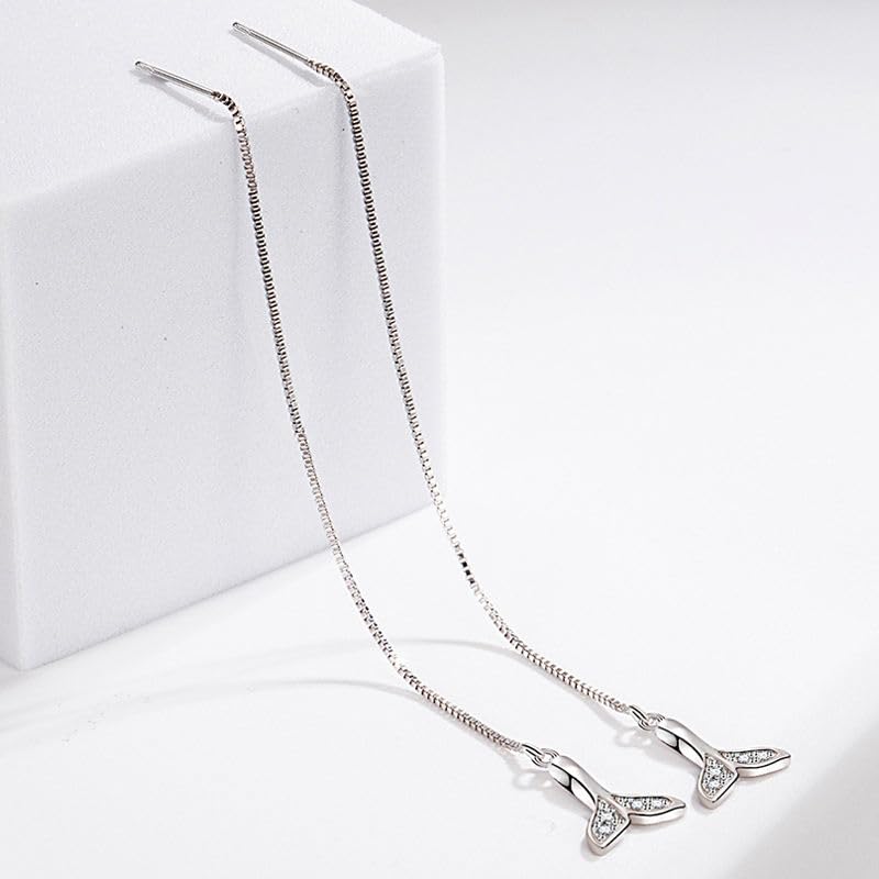 El Regalo Modern Sui Dhaga Threader Earrings for Women - Minimalist Long Pull Through Chain Earrings - Light Dangle Needle Threaders for Multiple Piercings, Sensitive Ears (Silver Whale Tail)