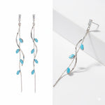 El Regalo Long Copper Zirconia Rhinestone Leaf Drop Dangle Earrings for Women | Korean Style Vine Fringe Earrings | Classy Party, Wedding & Casual Earrings Jewelry (Turquoise Blue)