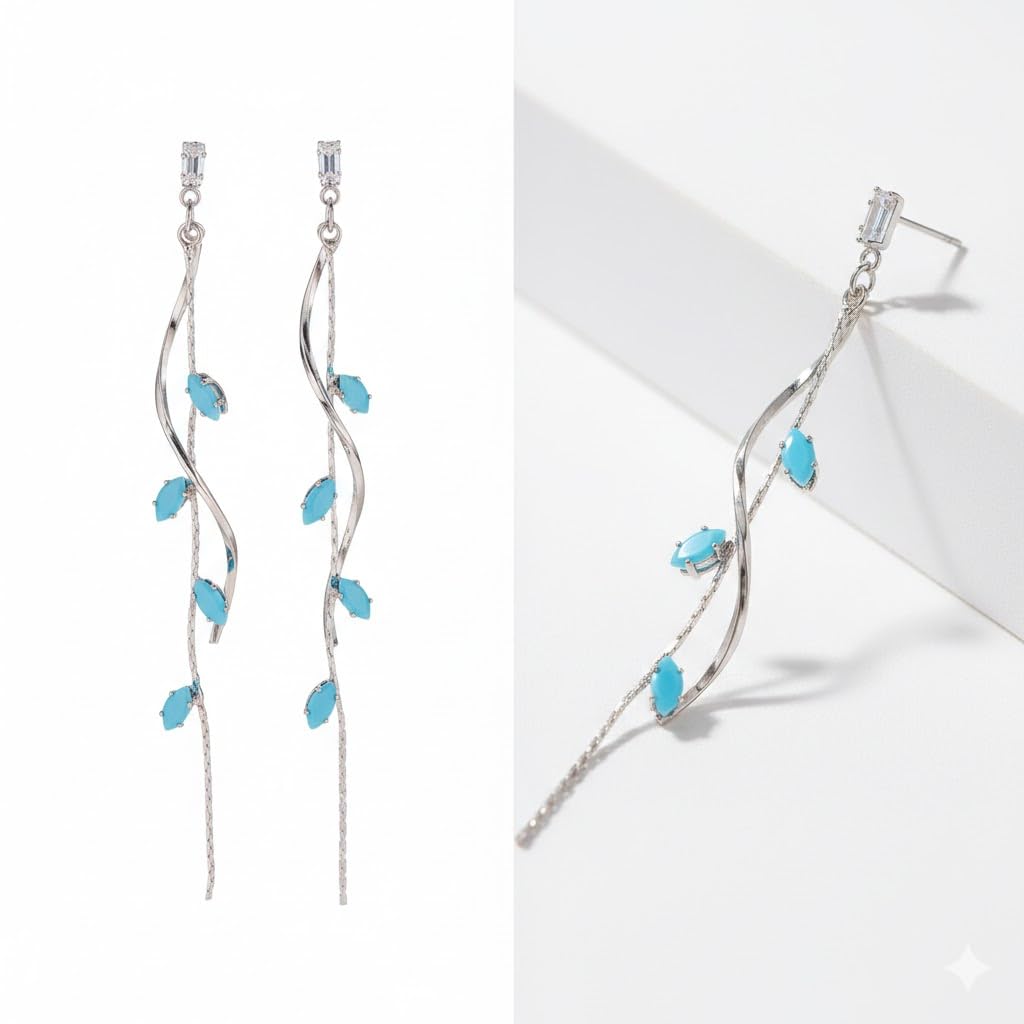 El Regalo Long Copper Zirconia Rhinestone Leaf Drop Dangle Earrings for Women | Korean Style Vine Fringe Earrings | Classy Party, Wedding & Casual Earrings Jewelry (Turquoise Blue)