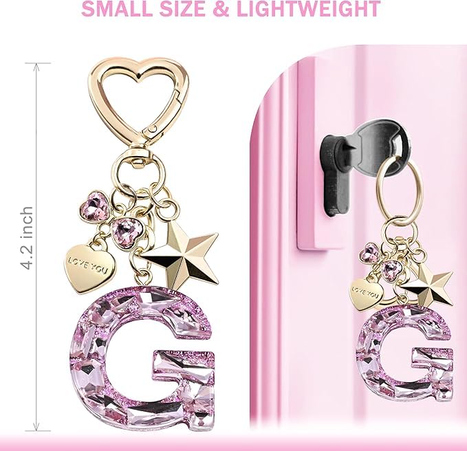 El Regalo Personalized Glitter Initial Letter Keychain for Girls & Women - Cute Pink Resin Alphabet Keyring with Heart & Star Charms - Fancy Luxury Bag Accessory & Birthday Gift (Letter G)