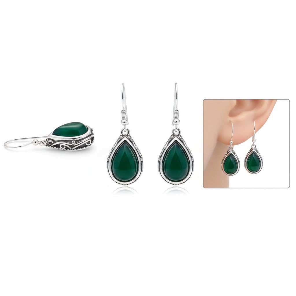 El Regalo Small Vintage Teardrop Earrings for Girls & Women- Elegant Filigree Carved Boho Dangle Earrings, Cut Stone Drop Earrings, Jewelry Gift (Green)