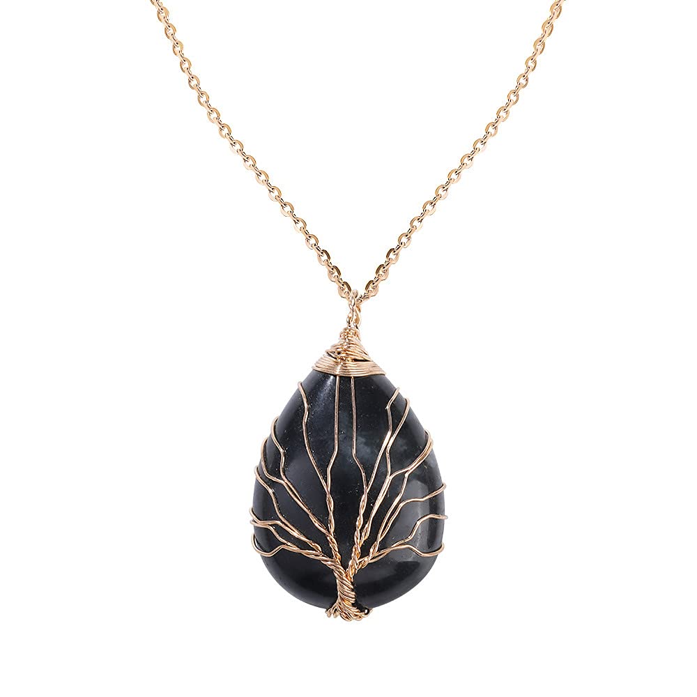 El Regalo Tree of Life Wire Wrapped Drop Natural Stones Healing Crystal Chakra Pendant Necklace - Unique Handcrafted Gemstones Pendant Necklaces (Black Onyx) For Unisex Adult