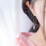 El Regalo 925 Silver Plated Minimalist Long Thin Linear CZ Elegant Threader Dangle Chain Earrings for Girls & Women (Leaves Threaders)