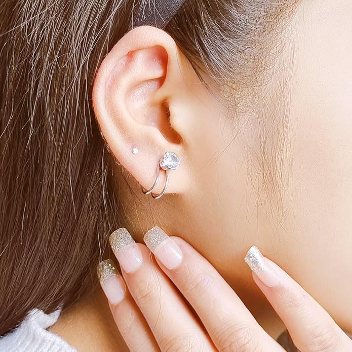 El Regalo 2 PCs Clip-On Non Pirecing Cuff Earrings for Girls & Women- CZ Crystal Ear Cuff Wrap Cartilage Clip Earrings Elegant No Piercing Ear Cuff Clip (Silver)