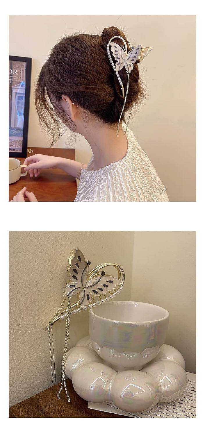 El Regalo Butterfly Pearl Hair Claw Clips for Girls/Women, Large Non-Slip Enameled Metal Butterfly Hair Clips Sparkly Hold Hair Jaw Clips Cute Hair Claws Big Butterfly Clips Bridal Hair Clips