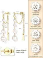 El Regalo 14K Gold Plated Pearl Front Back Earrings for Women/Girls - Graduated Pearl Drop Tassel Chain Jacket Earrings - Hypoallergenic Western Jewelry for Weddings, Parties & Gifting