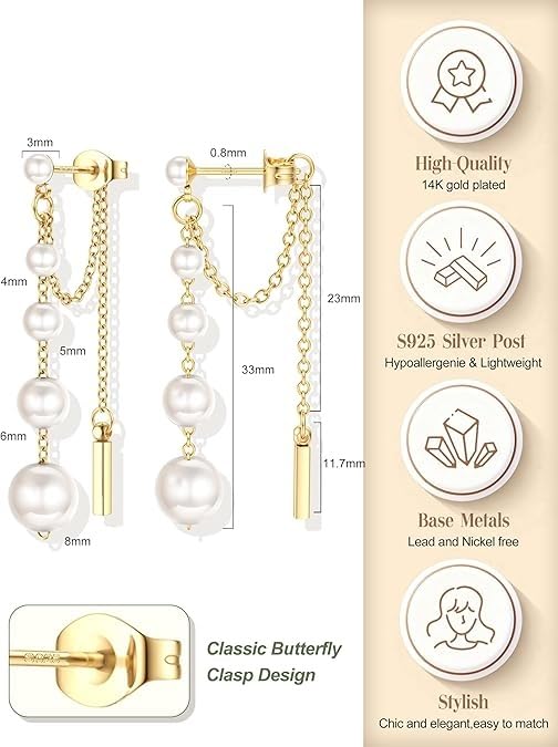El Regalo 14K Gold Plated Pearl Front Back Earrings for Women/Girls - Graduated Pearl Drop Tassel Chain Jacket Earrings - Hypoallergenic Western Jewelry for Weddings, Parties & Gifting