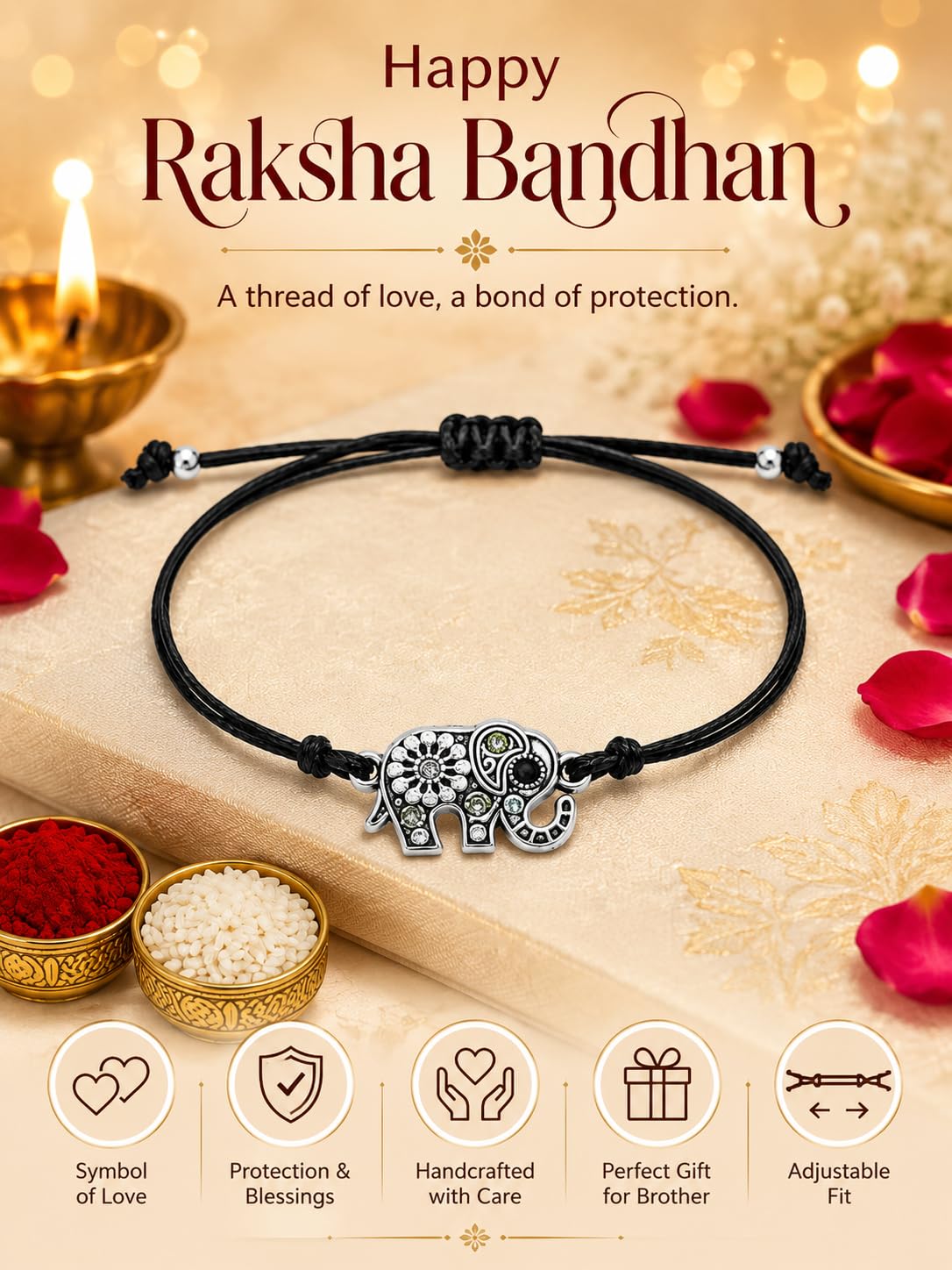 El Regalo 1PC Designer Elephant Crystal Rakhi for Brother with Roli Chawal & Message Card in Rakhi Gift Box- Rakhi for Brother/Bhabhi/Niece or Nephew