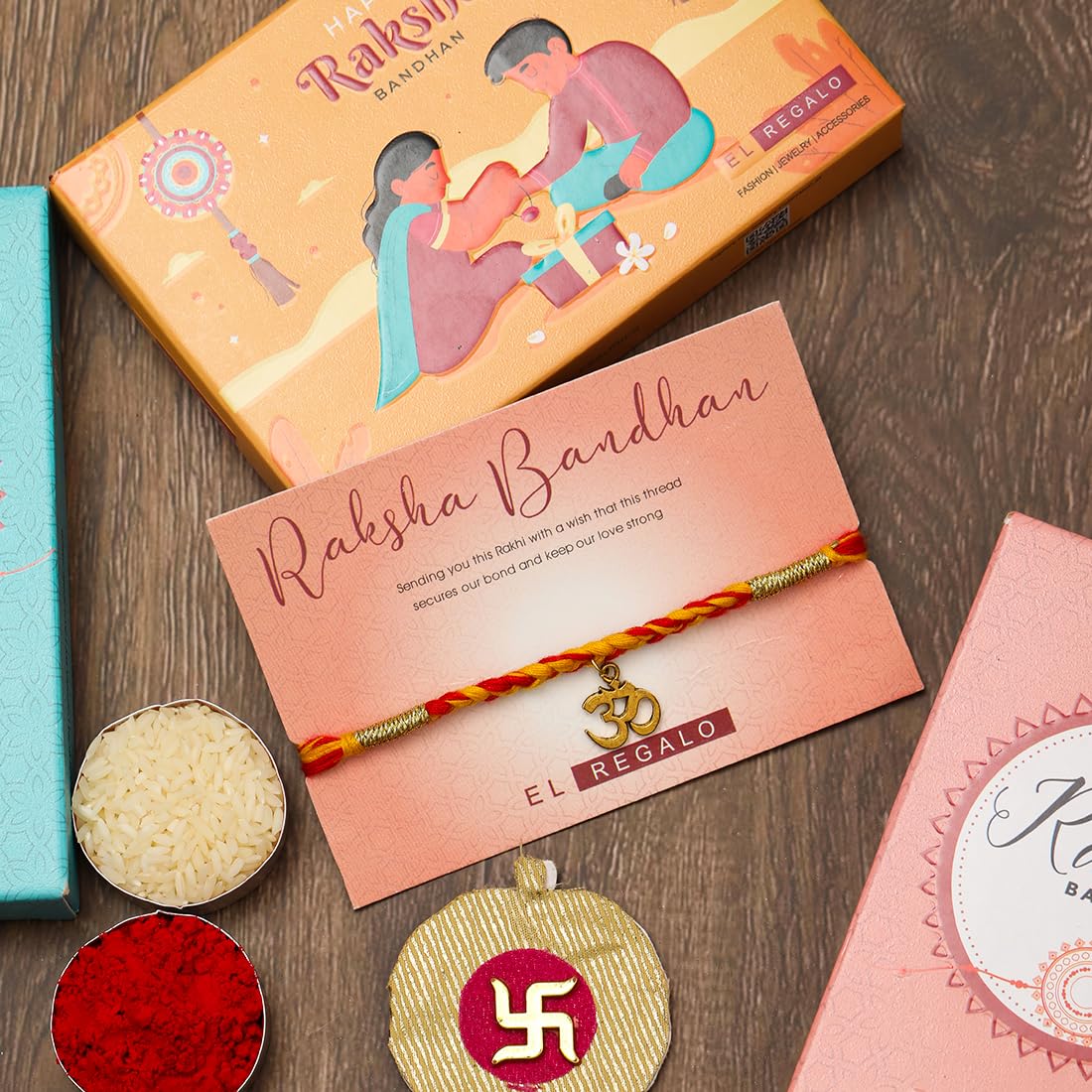 El Regalo Unisex-Adult 1 Pc Moli Rakhi For Bhaiya - Rakshabandhan Moli Charms Rakhi With Message Card & Roli Chawal Shagun In Rakhi Box (Om Moli Rakhi)