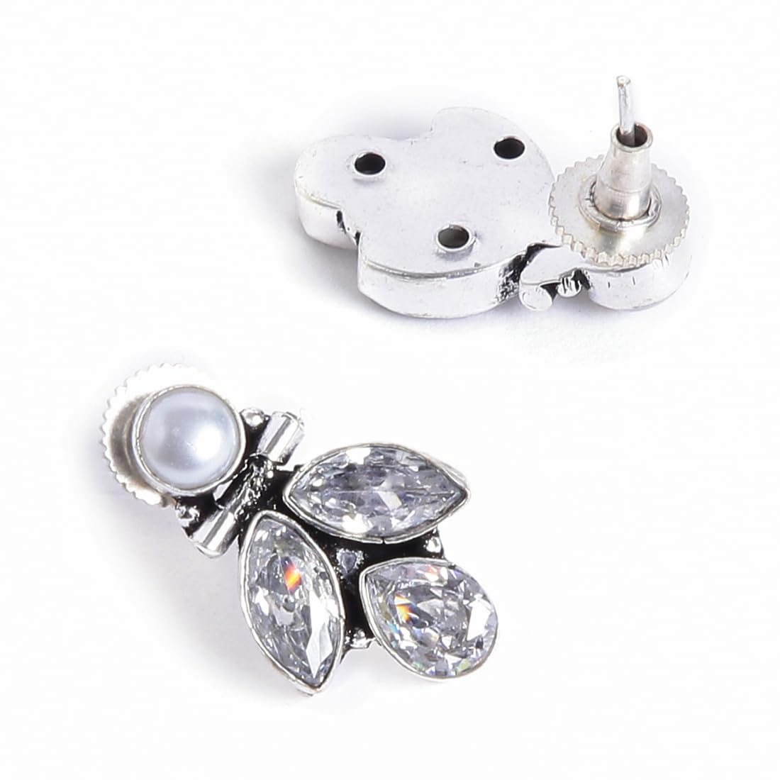 El Regalo Pearl Earrings, 925 Silver Plated Vintage Stones Pearls Stud Earrings for Women & Girls- Silver Lookalike Pearls Earrings (White)