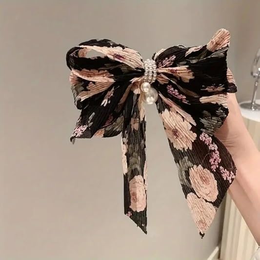 El Regalo Big Bow Floral Hair Clip- Long Ribbon Streamer Super Fairy Fashion Hair Accessories Head Hairpin Headdress Hair accessories for Girls/Women (Black)