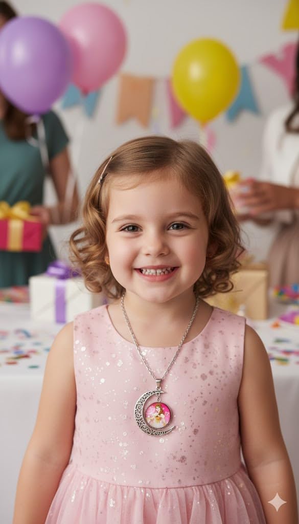 El Regalo Princess Crescent Moon Pendant Necklace for Girls- Enchanted Fairytale Character Jewelry with Filigree Detail, Silver-Tone Chain, Perfect Birthday Return Gift or Party for Toddlers and Kids (Style-4)