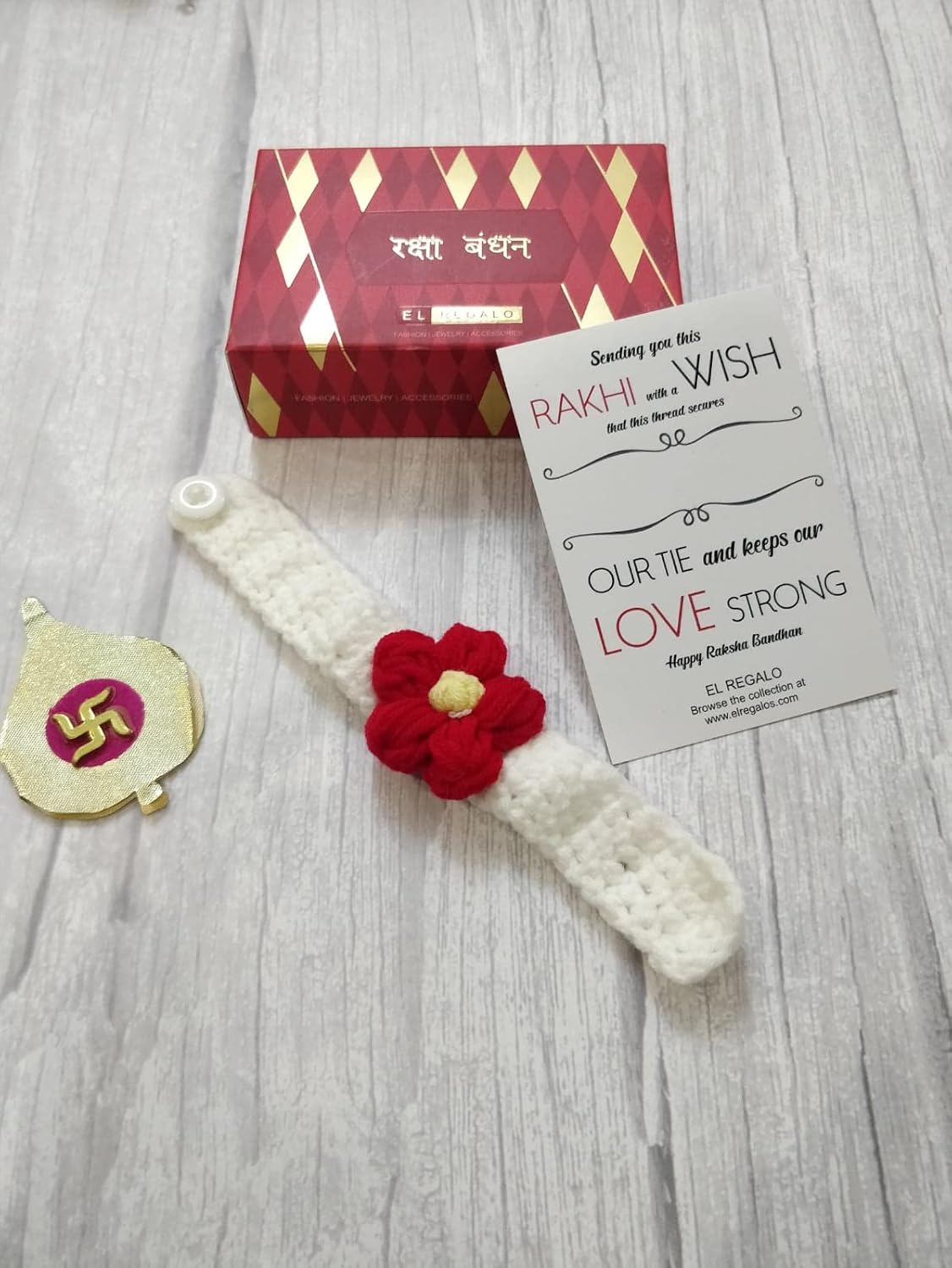 El Regalo 1PC Cute Hand Knitted Unisex Rakhis for Kids/Teens- Adjustable, Soft, Knitted Crochet Rakhis for Babies/Toddlers/Kids/Teens (Red Flower)