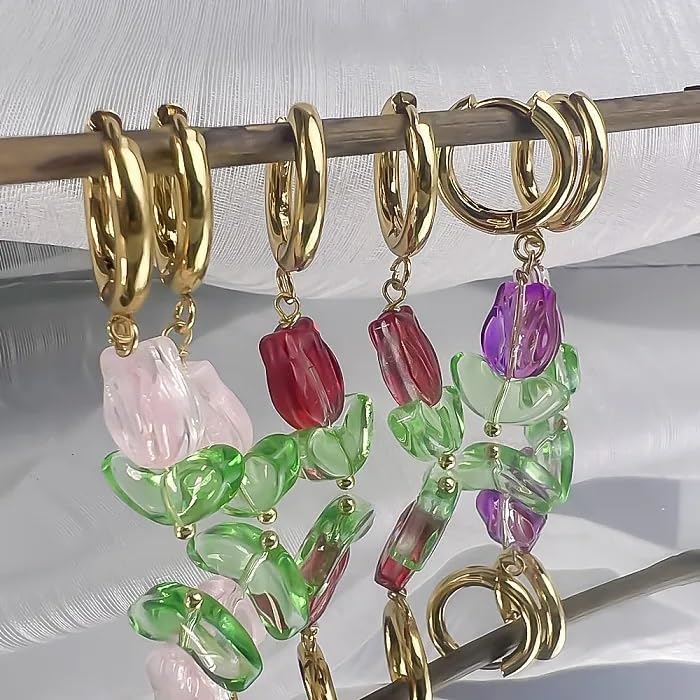 El Regalo Cute Tulip Flower Stainless Steel Hoop Earrings- Dangle Tulip Flower Bud Huggie Hoop Anti Tarnish Earrings for Girls & Women (Red Rose Bud)