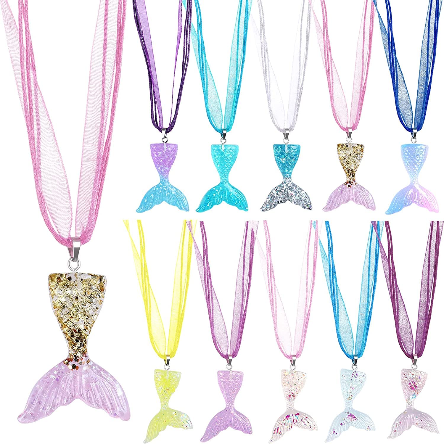 El Regalo 2Pcs Mermaid Fish Tail Necklaces Set- Mermaid Fishtail Necklace Gorgeous Pendant Necklace for Mermaid Birthday Supplies Girl's Party Ocean Theme Party Supplies (Color Option-1)