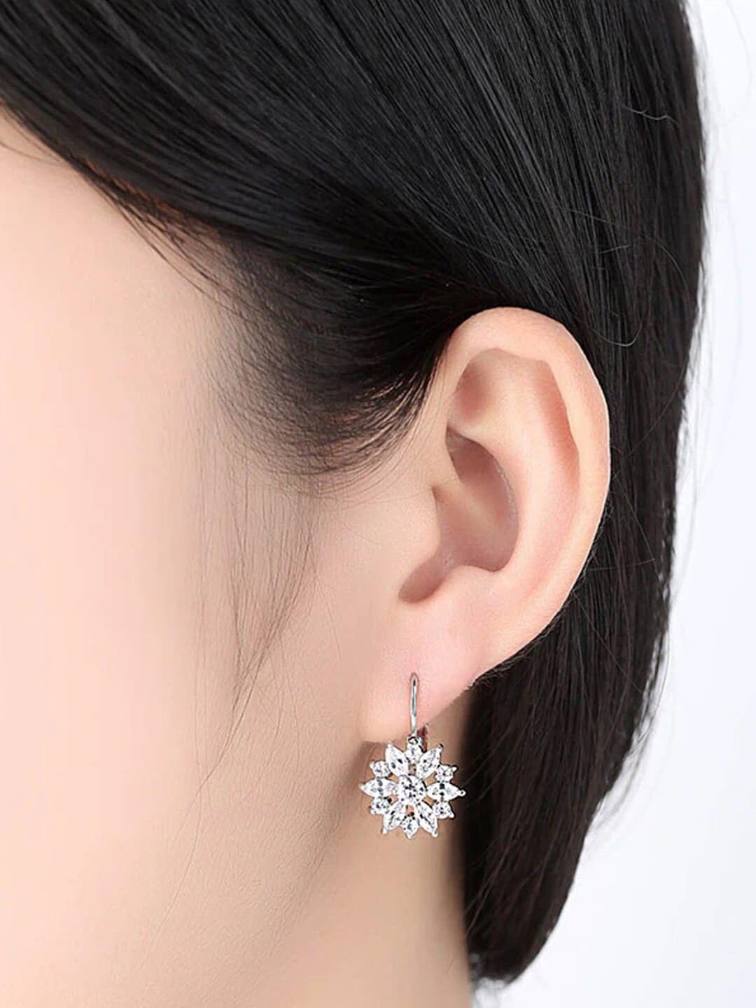 El Regalo Elegant Cubic Zirconia Snowflake Flower Earrings for Women & Girls- Shiny Silver Plated Crystal Flower Leverback Earrings