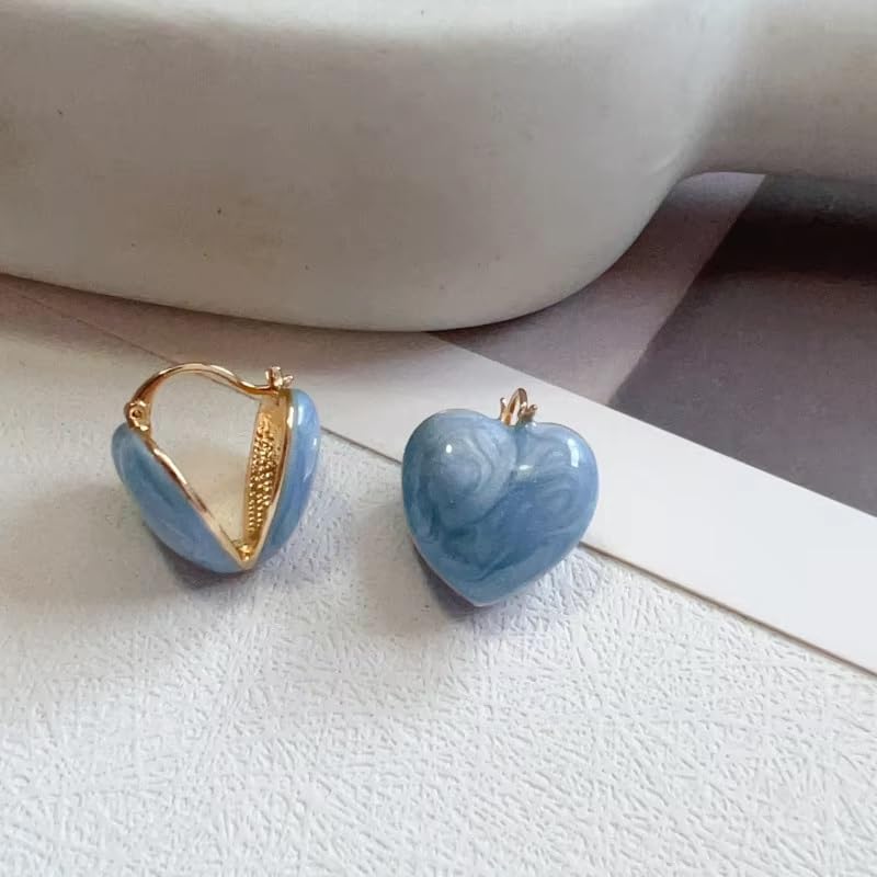 El Regalo Heart Hoops Earrings- Vintage Fashionable Bliss Heart Clip Double-sided Enamel Glaze Eternal Elegance Love Earrings for Women & Girls (Glazed Blue)