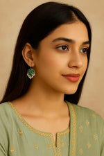 El Regalo 925 Silver Plated Stones Studded Cluster Pearls Dangle Hook Oxidized Earrings - Handcrafted Elegant Jewelry for Women (Green)