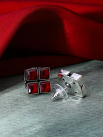 El Regalo 925 Silver Plated Oxidized Stud Earrings with Monalisha Stones - Square Bohemian Stud Earrings for Women - Tribal Antique Replica Earrings (Red)