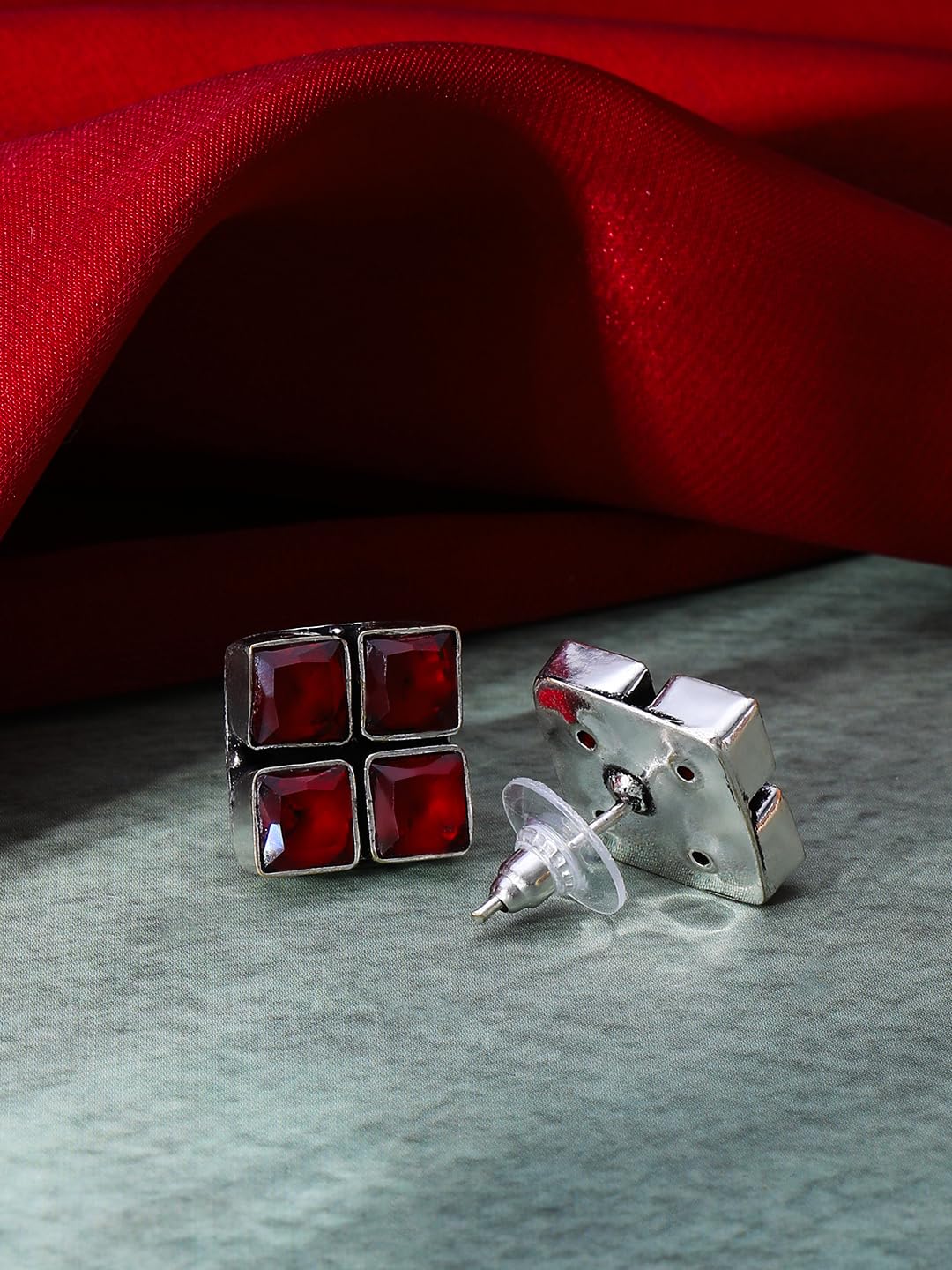 El Regalo 925 Silver Plated Oxidized Stud Earrings with Monalisha Stones - Square Bohemian Stud Earrings for Women - Tribal Antique Replica Earrings (Red)