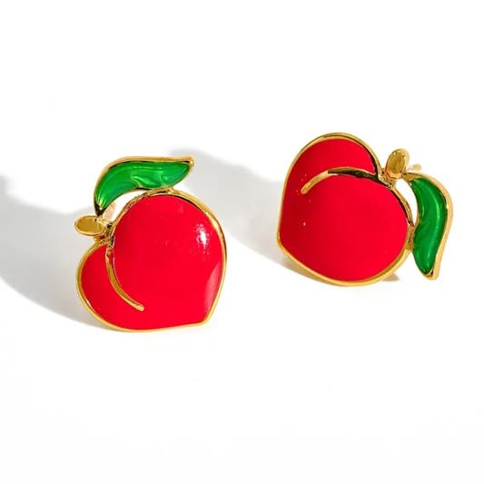 El Regalo Cute Gold Plated Stainless Steel Oil Drop Peach Stud Earrings for Girls & Women | Hypoallergenic Fruit Themed Fashion Earrings (Red)