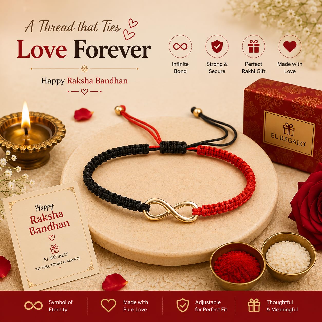 El Regalo 1PC Minimalist Infinity Rakhi for Brother- Simple Infinity Rakhi with Roli Chawal, Rakhi Message Card in Rakhi Gift box for Brother (Red & Black Shade)